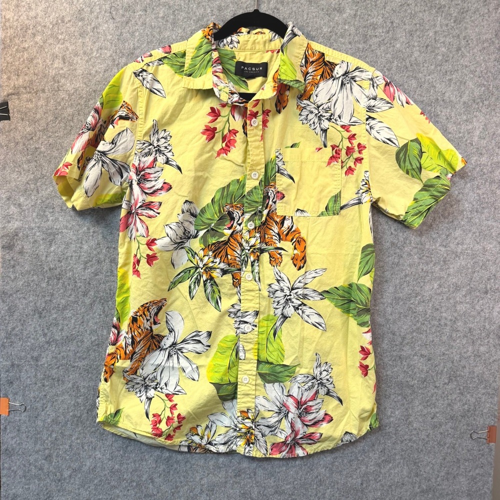 PacSun Mens Yellow Tropical Tiger Floral Print Short Sleeve Button Down Shirt M